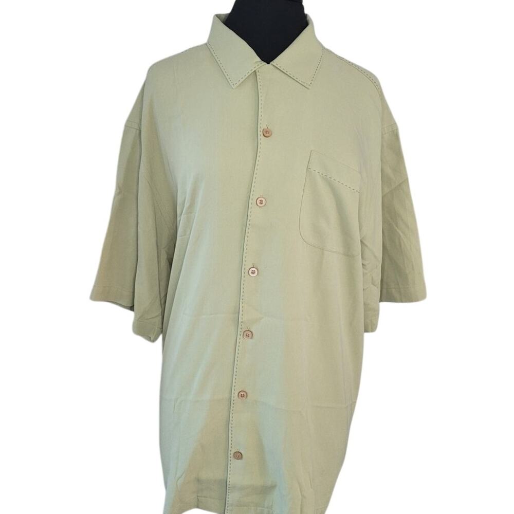 Vintage 90s Tommy Bahama 100% Silk Camp Shirt XL Green Hawaiian Embroidered